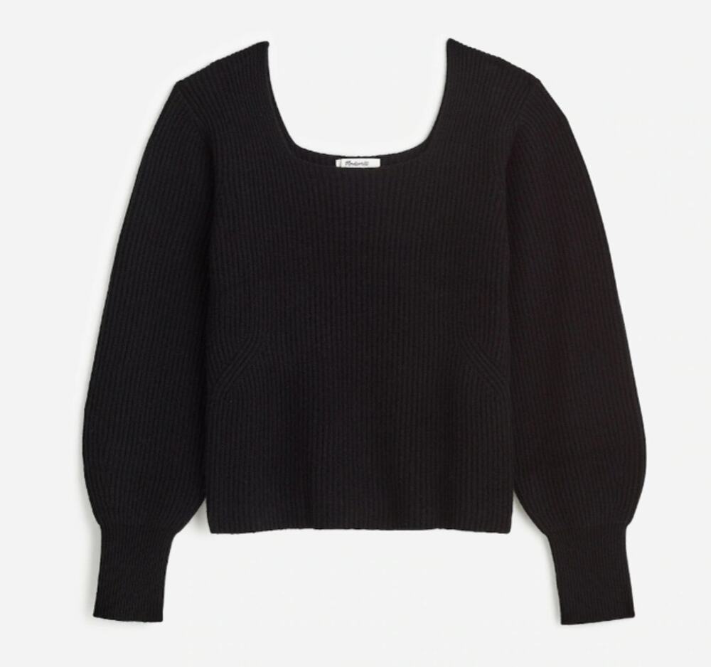 Madewell Soft Wool Square Neck Sweater Womens M Black Blouson Sleeve Ribbed Top